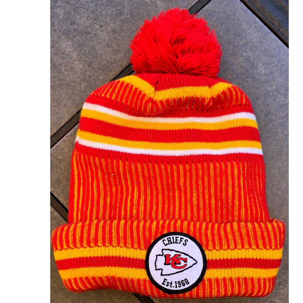 Vintage 1990'sKansas City Chiefs NFL 100 Anniversary Red Yellow Striped Pom Hat